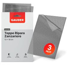 Le toppe di riparazione per zanzariere GAUDER misurano 130 x 180 mm e sono progettate per riparare efficacemente strappi e buchi nelle zanzariere. Il kit include tutto il necessario per effettuare riparazioni rapide e durature