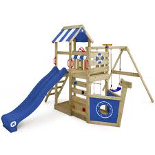 Il gioco da giardino WICKEY SeaFlyer è una struttura versatile che include un’altalena e uno scivolo blu