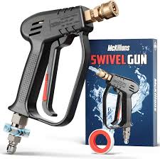 La McKillans® è una pistola per idropulitrice corta dotata di un girevole e di un manico ad alta pressione. È fornita di una spina maschio da 3/8" e di un accoppiatore rapido da 1/4". Questo strumento è progettato per garantire facilità d'uso e maneggevolezza durante le operazioni di pulizia ad alta pressione